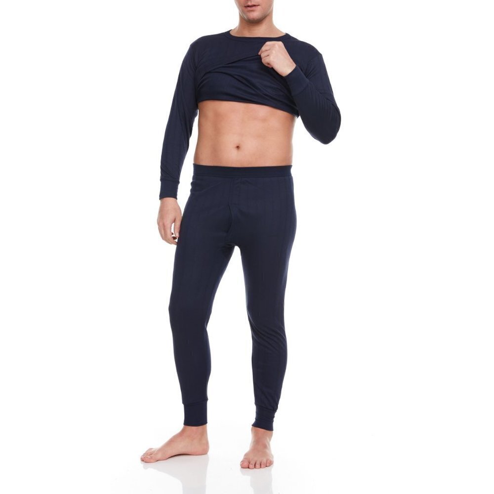 Men Thermal Underwear Navy Blue Cotton Fleece Lined Long Johns Winter Base Layer - Picture 2 of 6